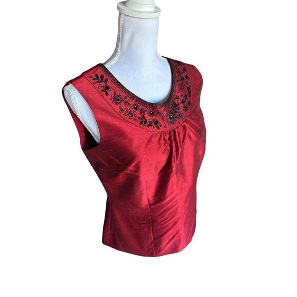 Silkland Women's Top Silk Blend Size 8 Red Black Hand Beading Sleeveless NEW - Picture 2 of 12